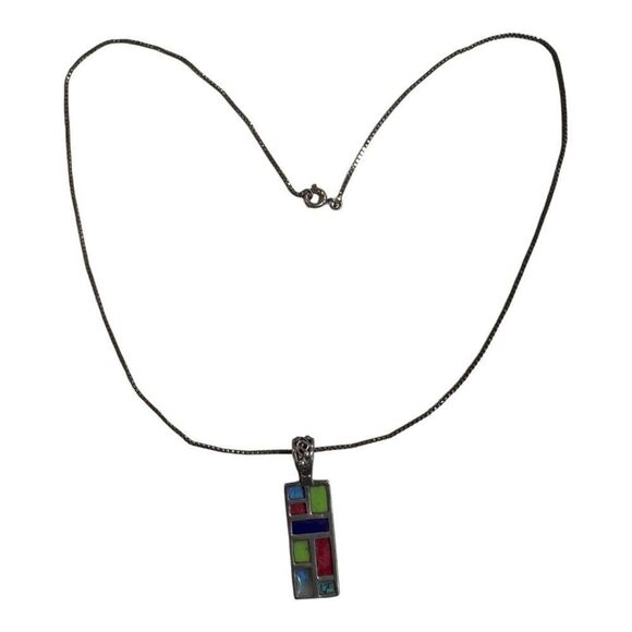 Vintage Sterling Silver Geometric Mosaic Pendant Turquoise Lapis Inlaid Necklace - Picture 6 of 6